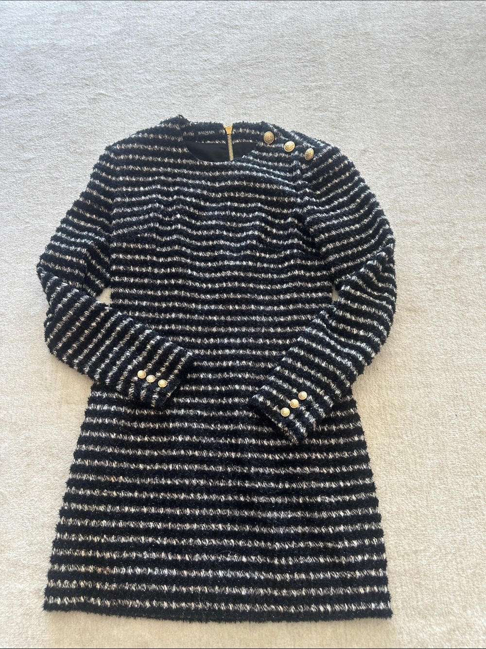 Balmain Black & White Striped Long Sleeve Knit Dress with Gold Buttons